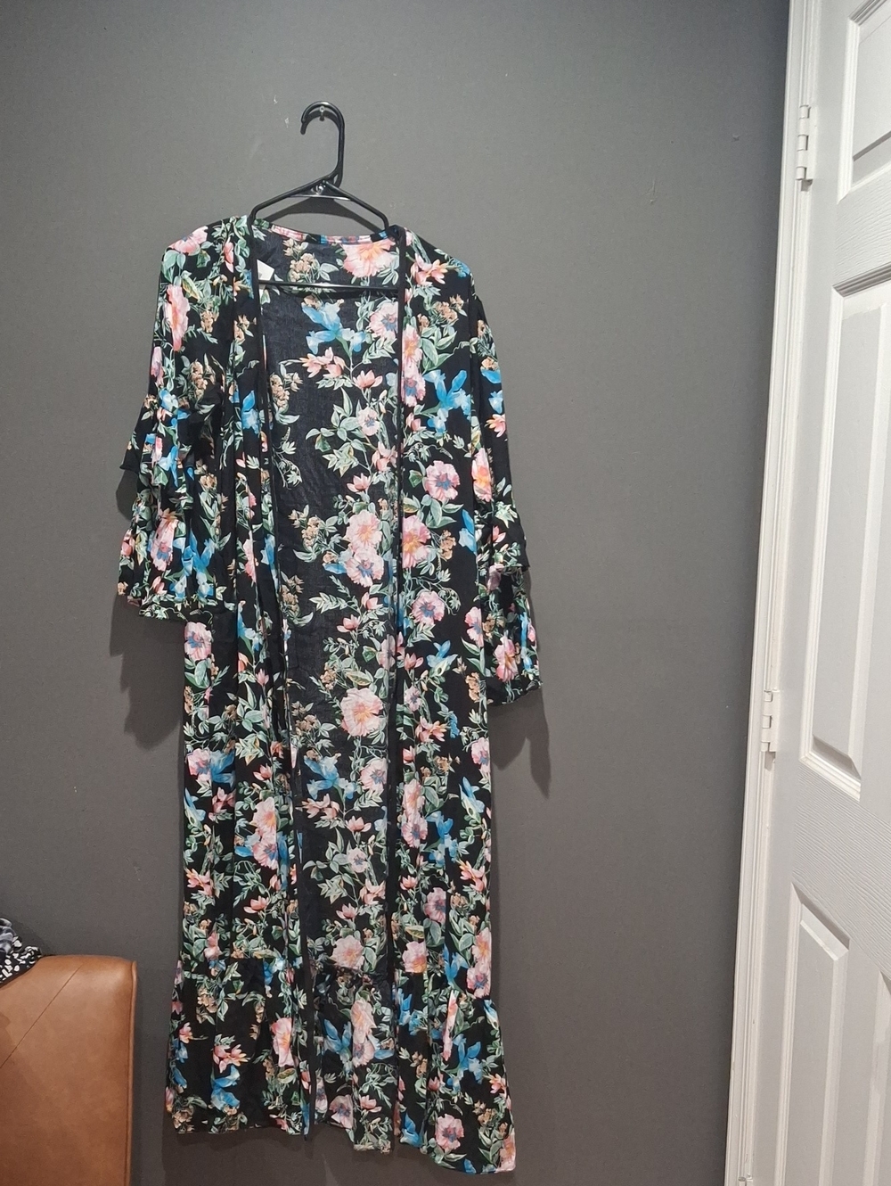 Black Floral Kimono Duster with Pink & Blue Flowers